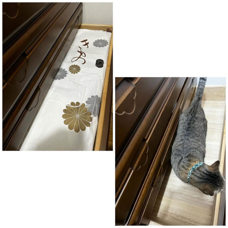 箪笥の空いた場所に、箪笥の上に積んであった着物を収納