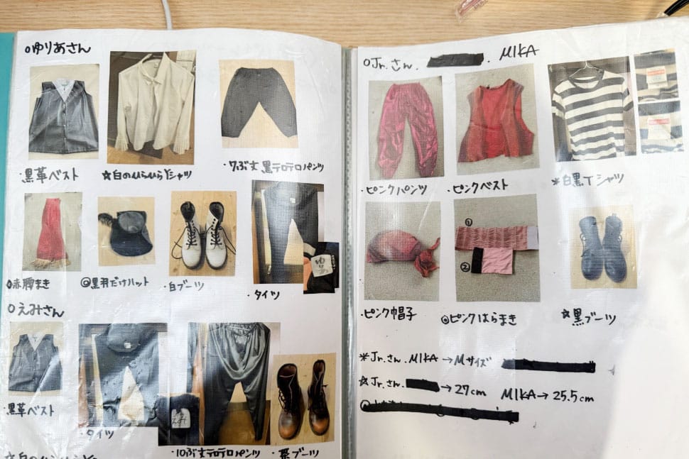 自分たちで写真撮影をして管理していた衣裳管理台帳